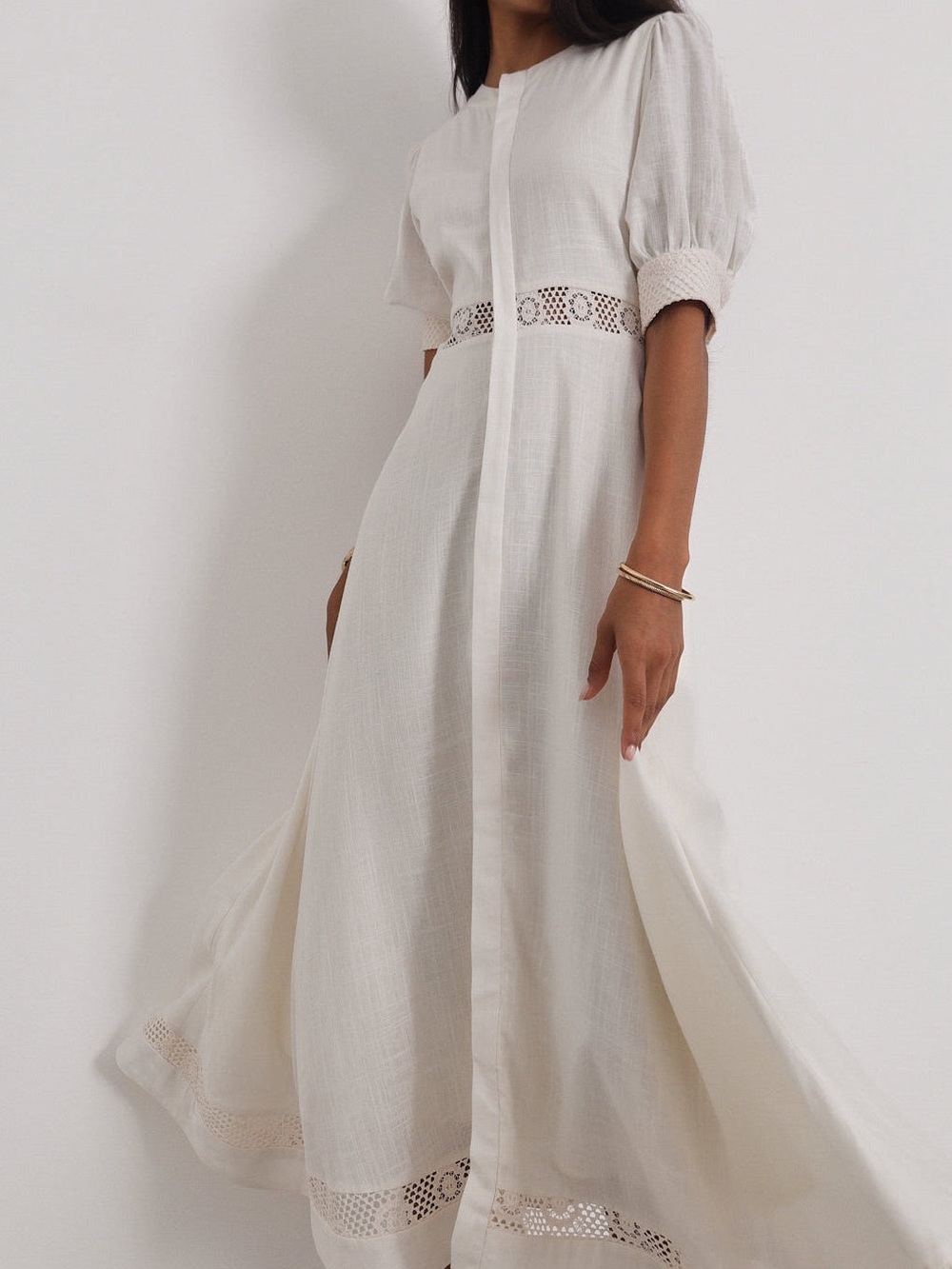 Vita Grace Anice Cotton Lace Trim Day Dress White Linen NEW Small Resort Euro
